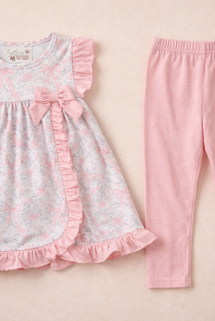 Floral top with ruffles and pink leggings on a beige background