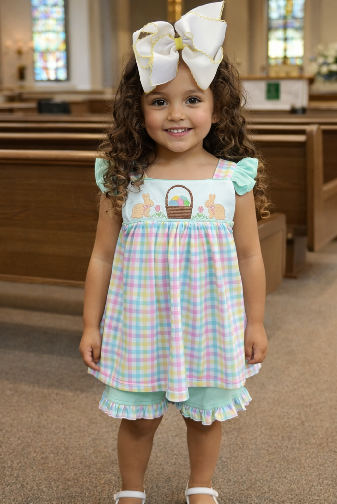 Young girl in a pastel checkered short set with a large bow in a church setting