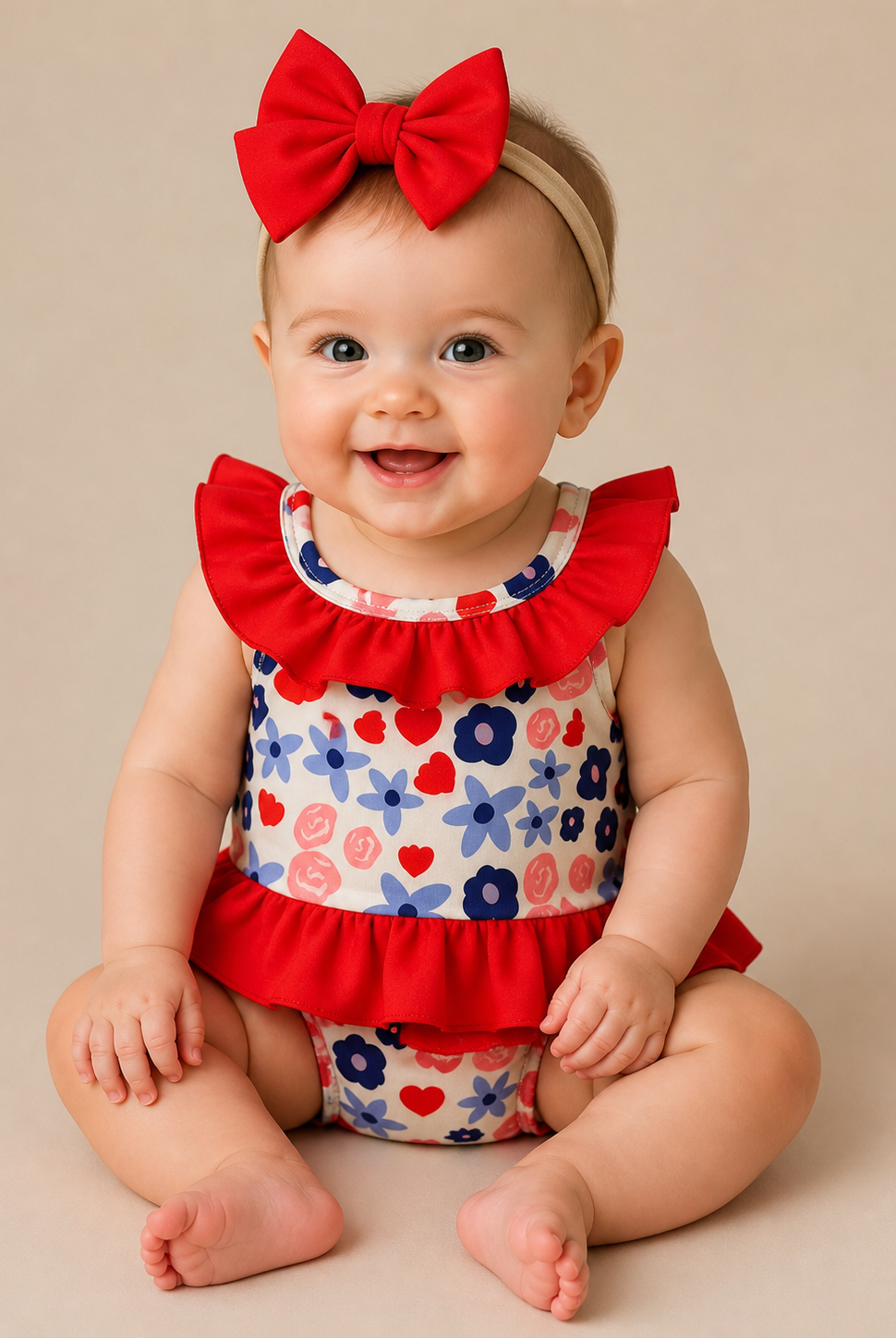Baby wearing a floral swim suit with red ruffled collar and matching headband on a beige background