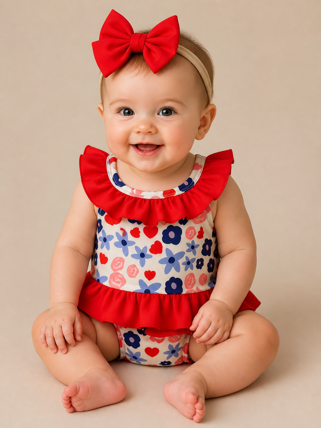 Baby wearing a floral swim suit with red ruffled collar and matching headband on a beige background