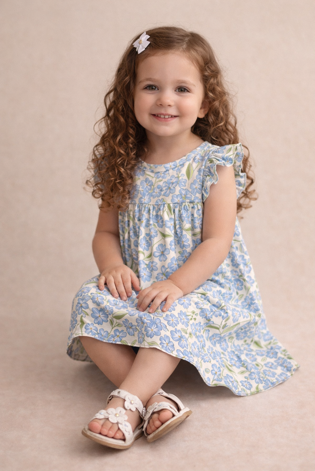 Young girl wearing a floral dress sitting on a beige background