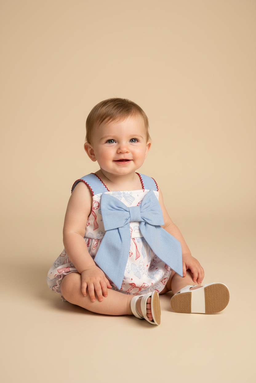 Baby girl wearing a patriotic bubble with red white and blue bows.
