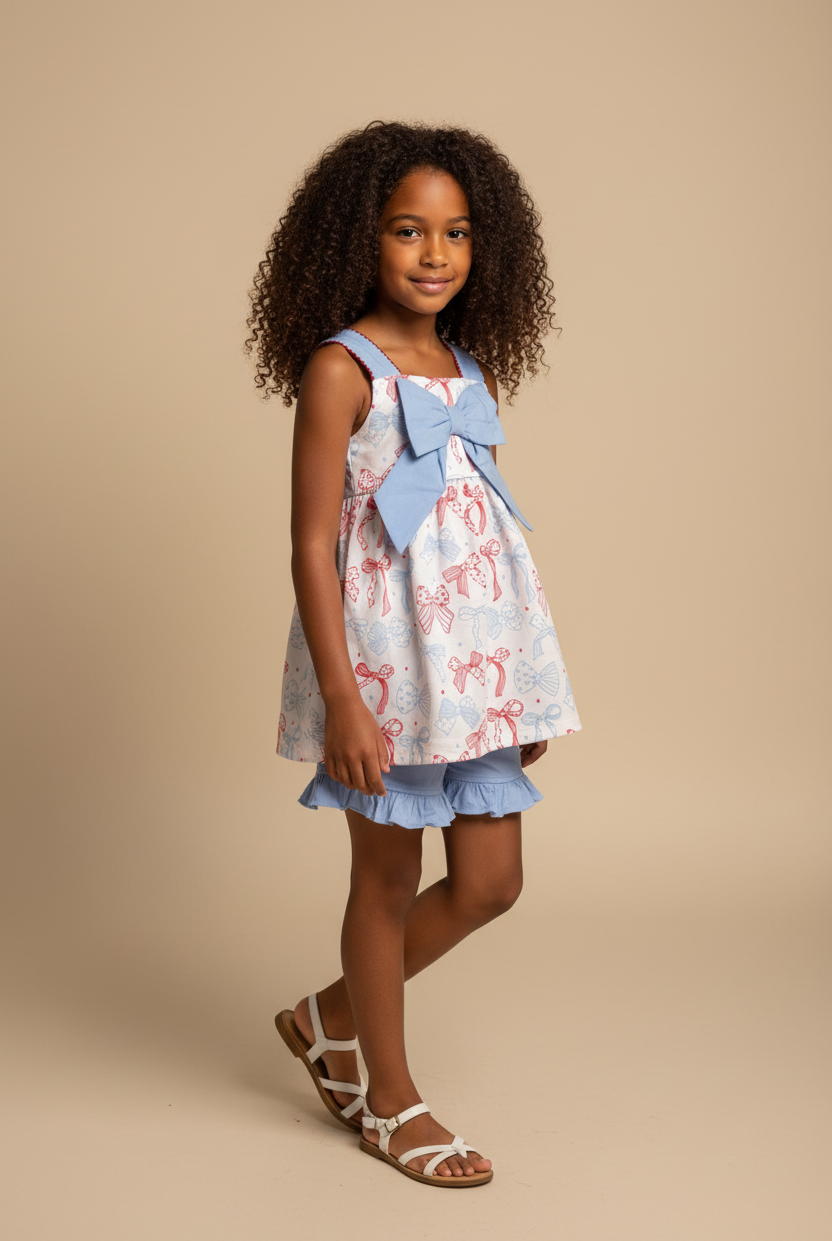 Girl model wearing a patriotic short set with a big blight blue bow in the middle.