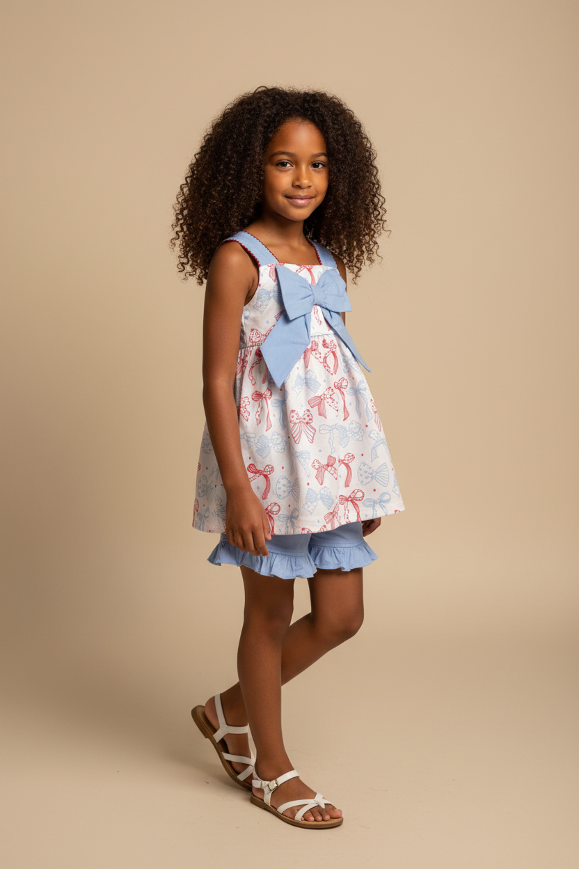 Girl model wearing a patriotic short set with a big blight blue bow in the middle.