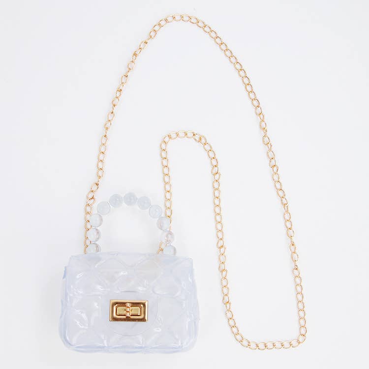 Clear handbag with gold chain strap on a white background