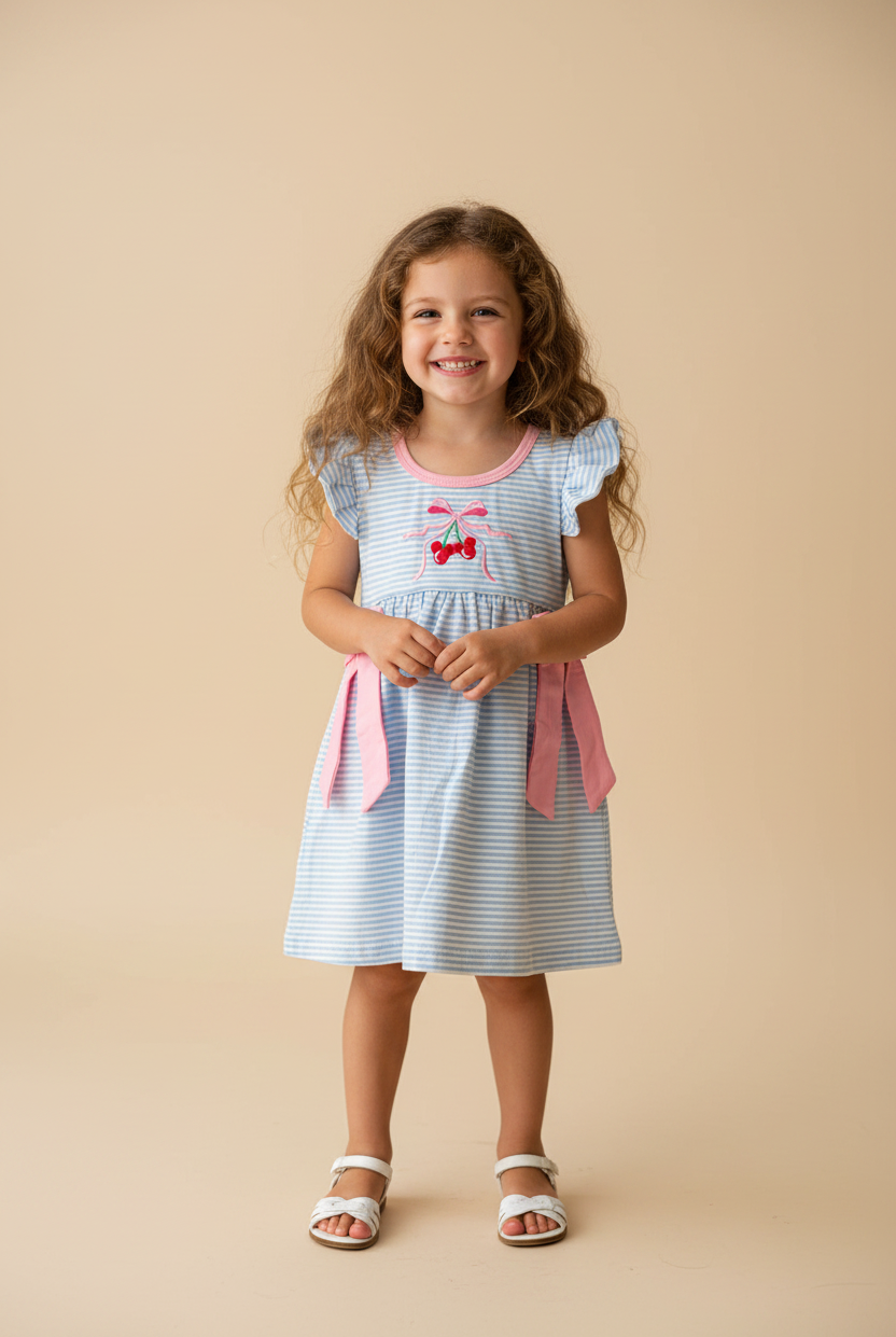 Toddler girl wearing a blue striped dress with pink ribbon on the sides and cherry embroidery.