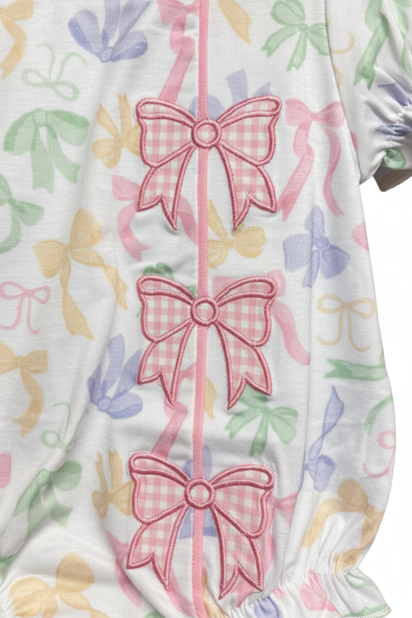 Close-Up Print & Embroidered Bows Detail