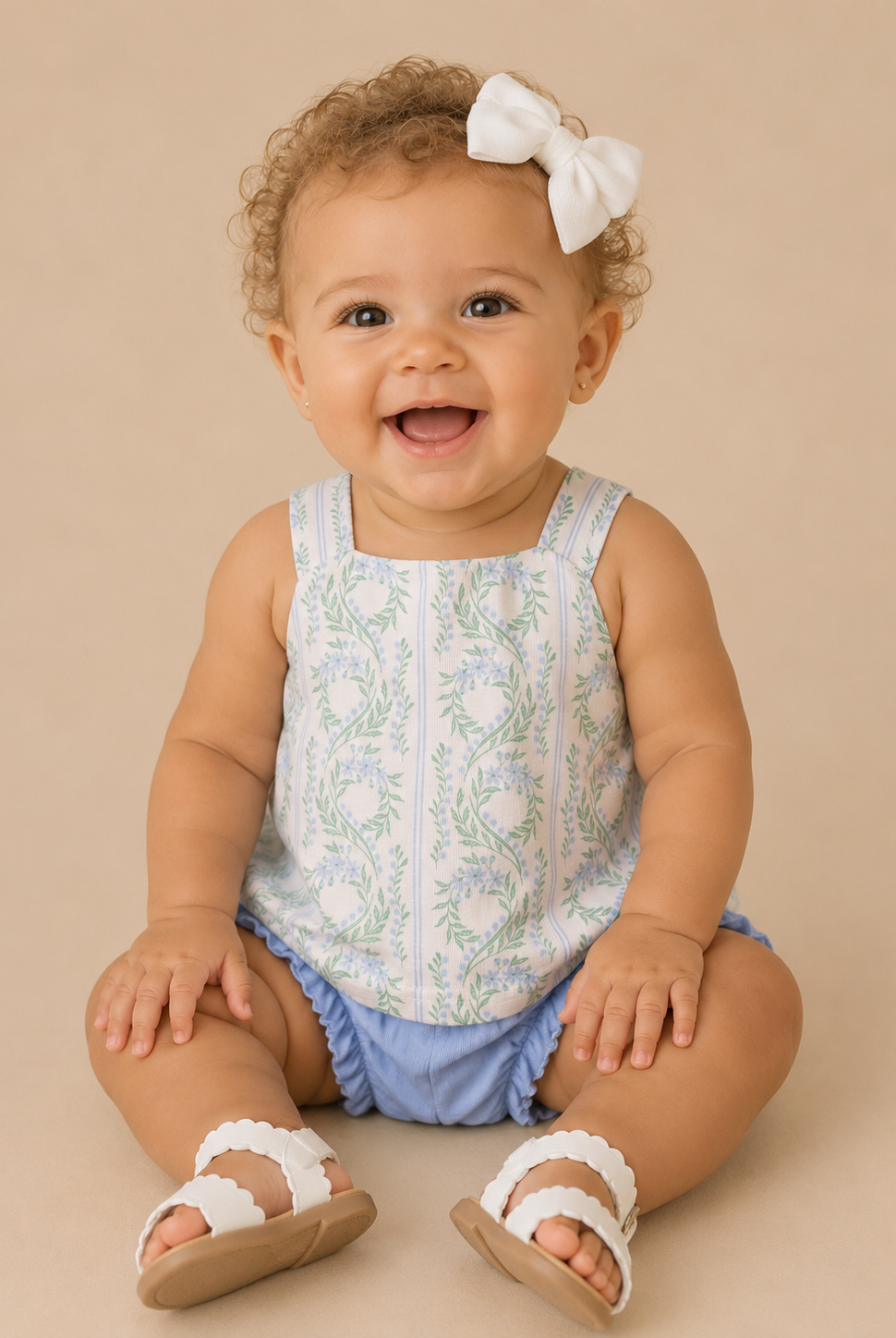 Baby sitting on a beige surface wearing a floral top and blue shorts with white sandals.