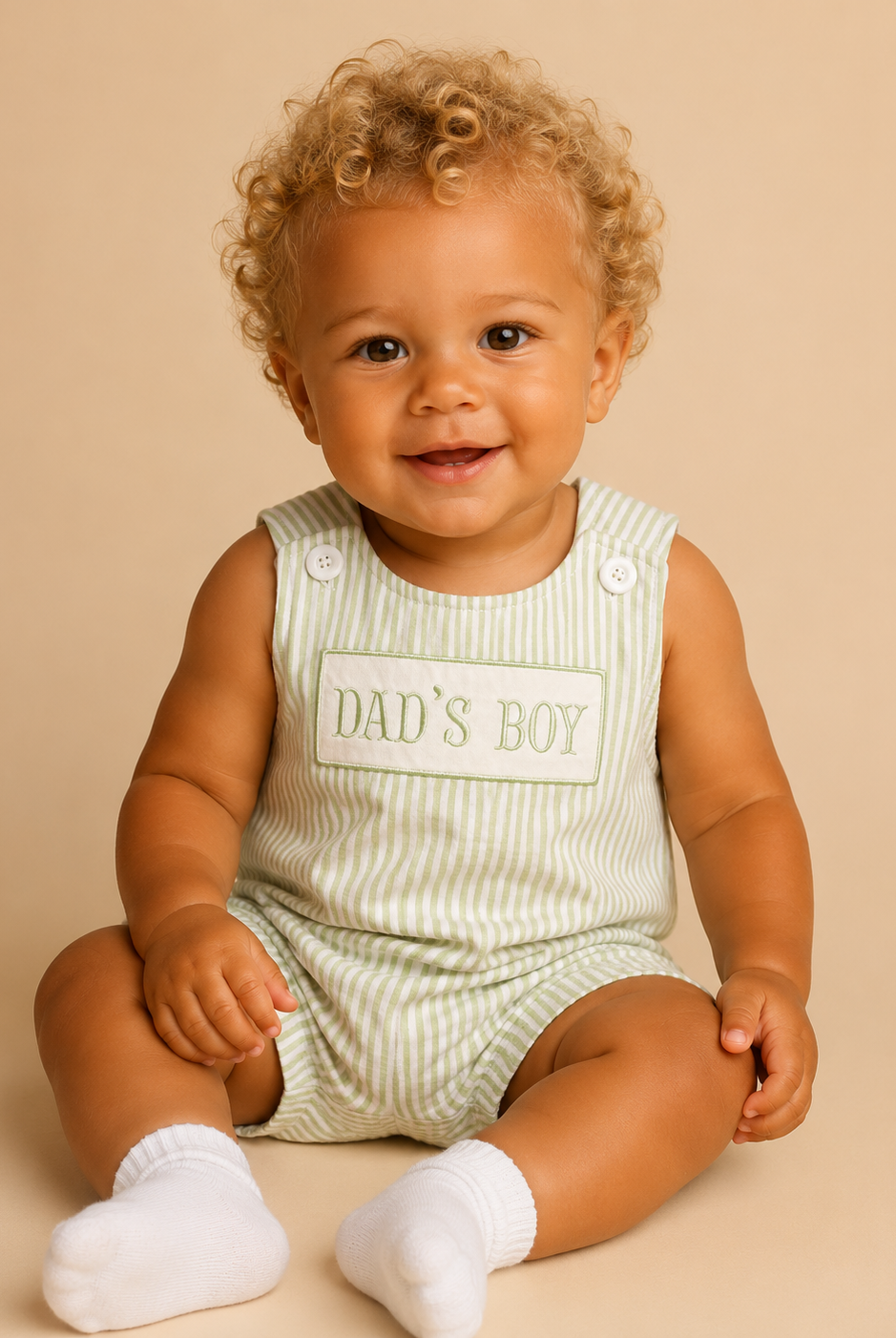Baby wearing a 'Dad's Boy' Jon Jon on a beige background