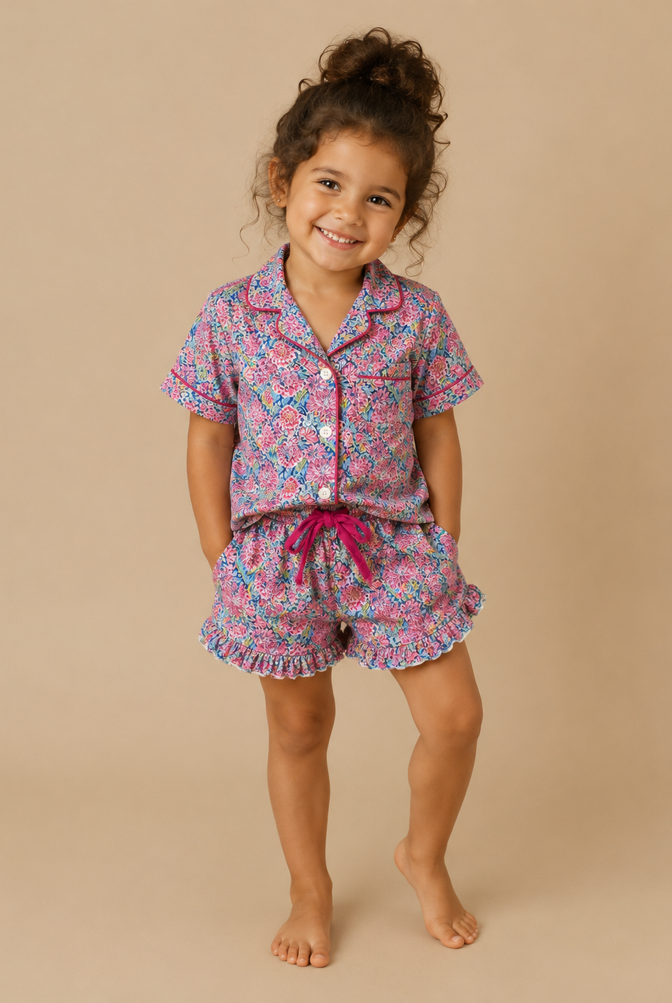 Child wearing a pink floral pajama set on a beige background