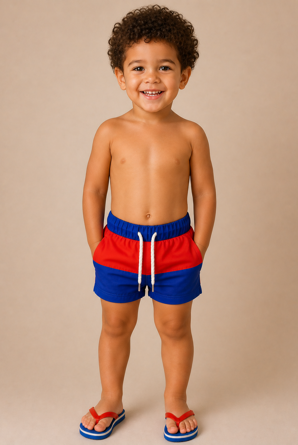 Toddler boy wearing red and blue swim trunks.