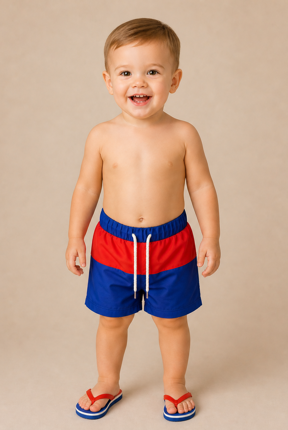 Child wearing red and blue swim shorts on a beige background