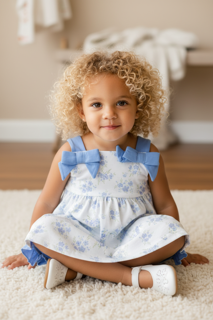 Child wearing a blue and white floral dress with bow straps sitting on a carpeted floor.