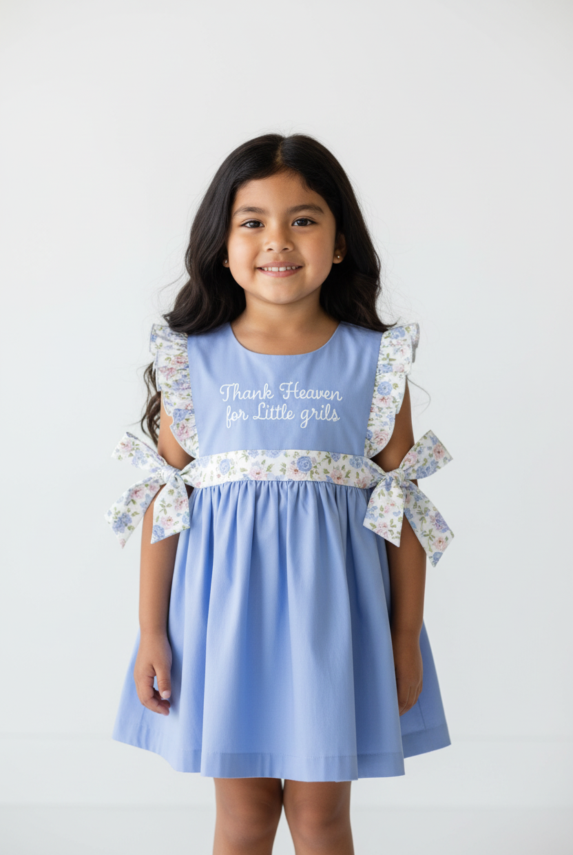 Native American girl wearing Thank Heaven for Little Girls embroidered flutter sleeve dress - front view