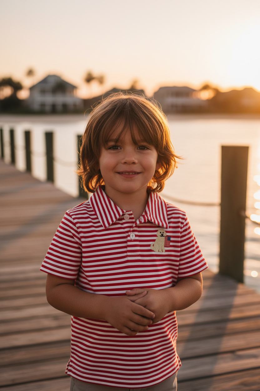Boy wearing red stripe golden retriever polo on coastal dock at golden hour