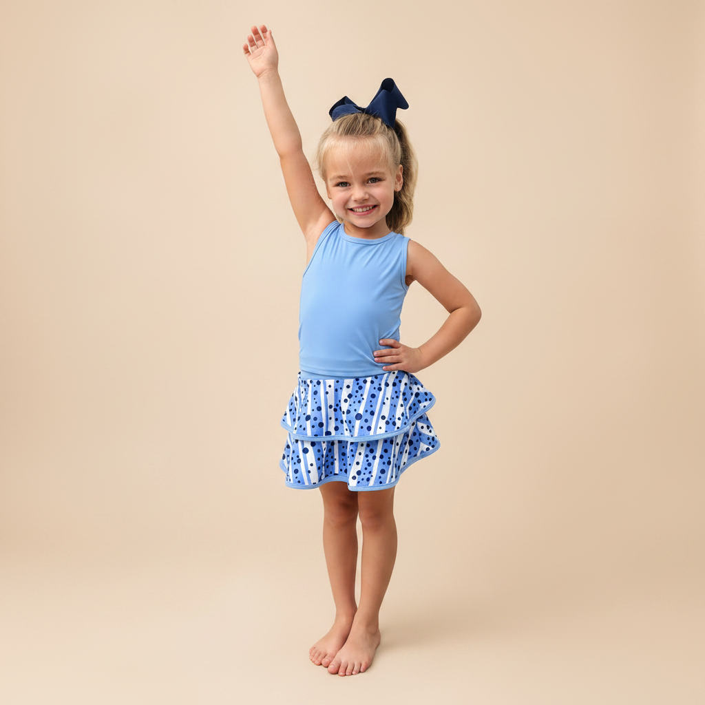 Flat lay of light blue sleeveless top and tiered navy polka dot ruffle skirt set