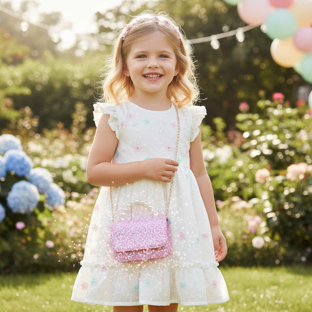 Little girl carrying pink shimmer sequin purse in spring setting