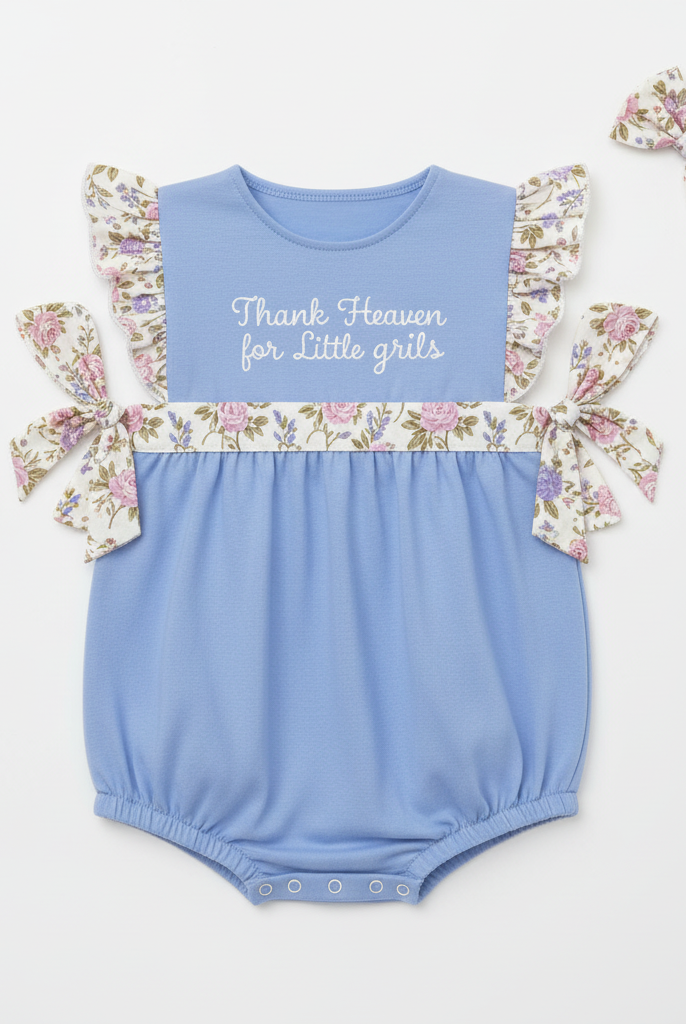 Thank Heaven for Little Girls baby bubble flat lay with floral bow