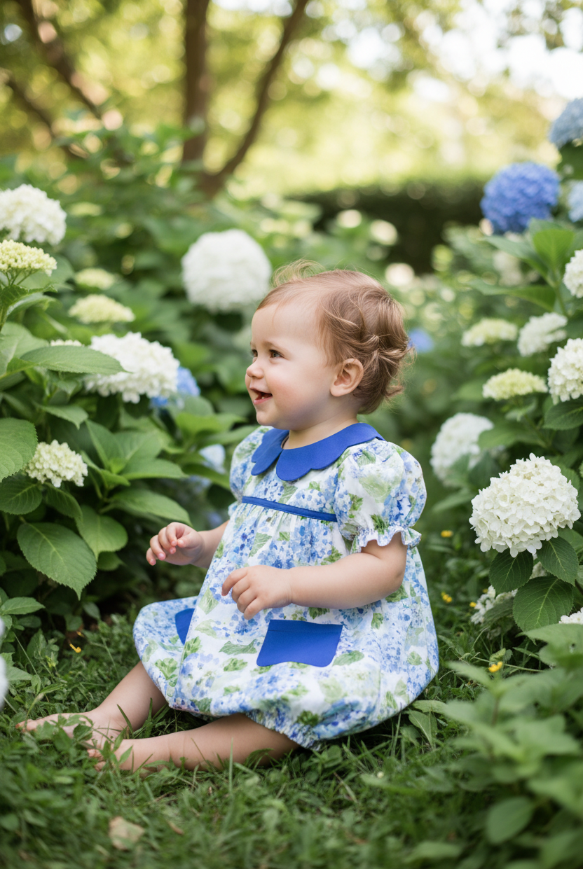 Side profile view of baby girl wearing Ag's Floral Perfection bubble in garden setting