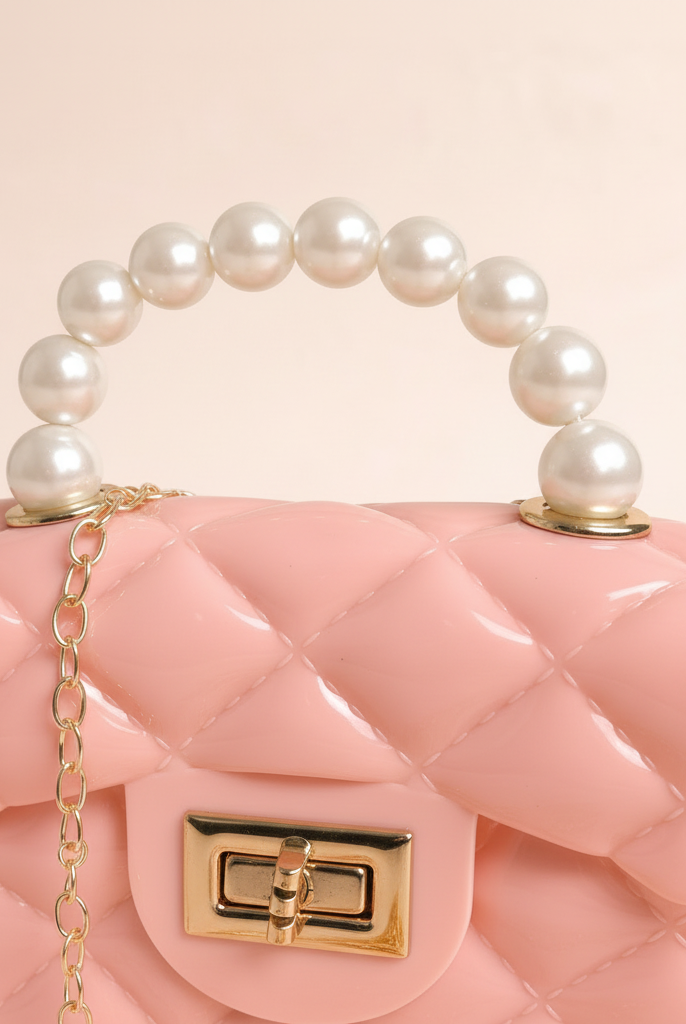 Close-up of pearl handle, quilted texture and gold twist-lock closure