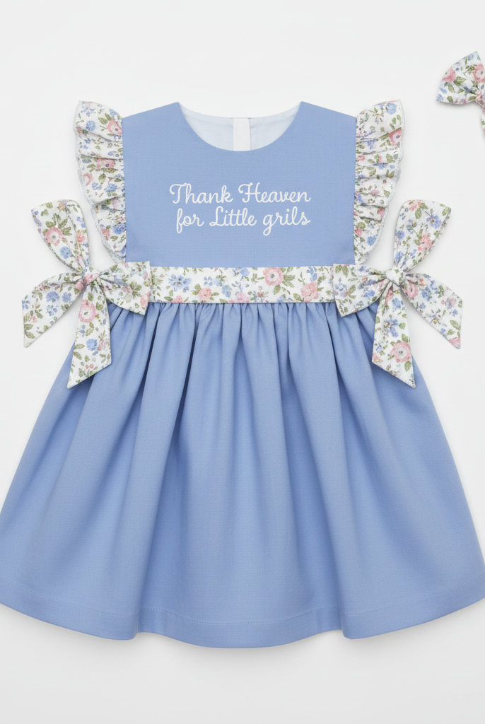 Thank Heaven for Little Girls dress flat lay with floral bow
