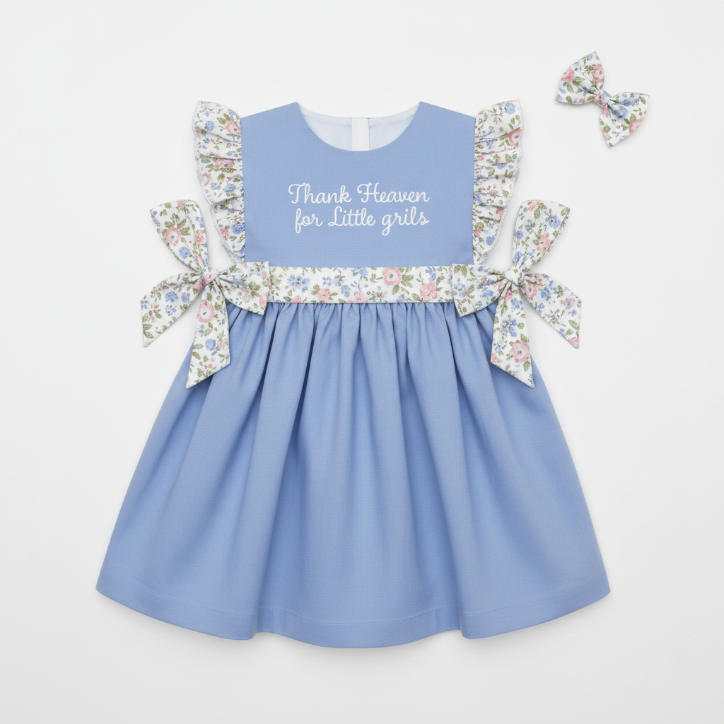 Thank Heaven for Little Girls dress flat lay with floral bow
