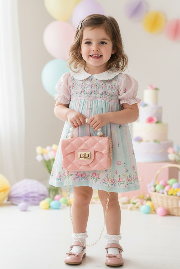 Little girl carrying pink quilted jelly purse with pearl handle