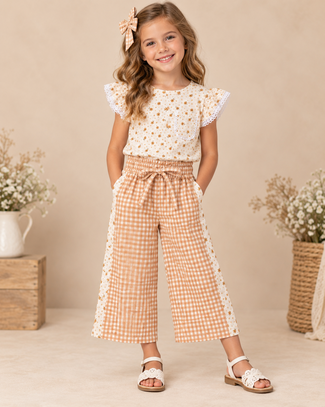 Girls ivory floral flutter-sleeve top with baggy tan gingham wide-leg pants