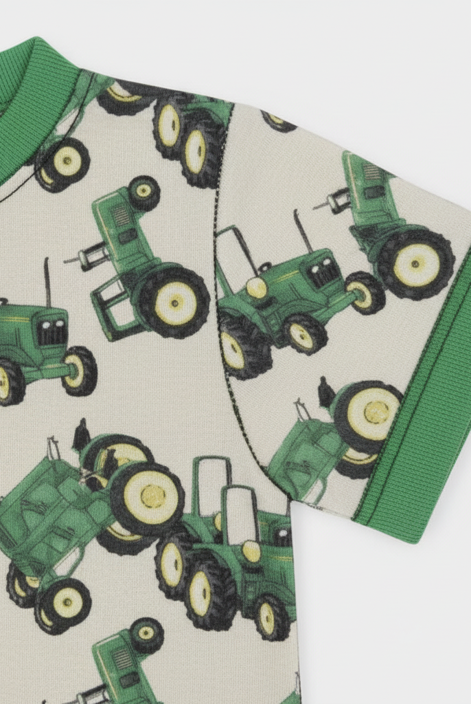 Close-up of farm tractor print and green collar detail
