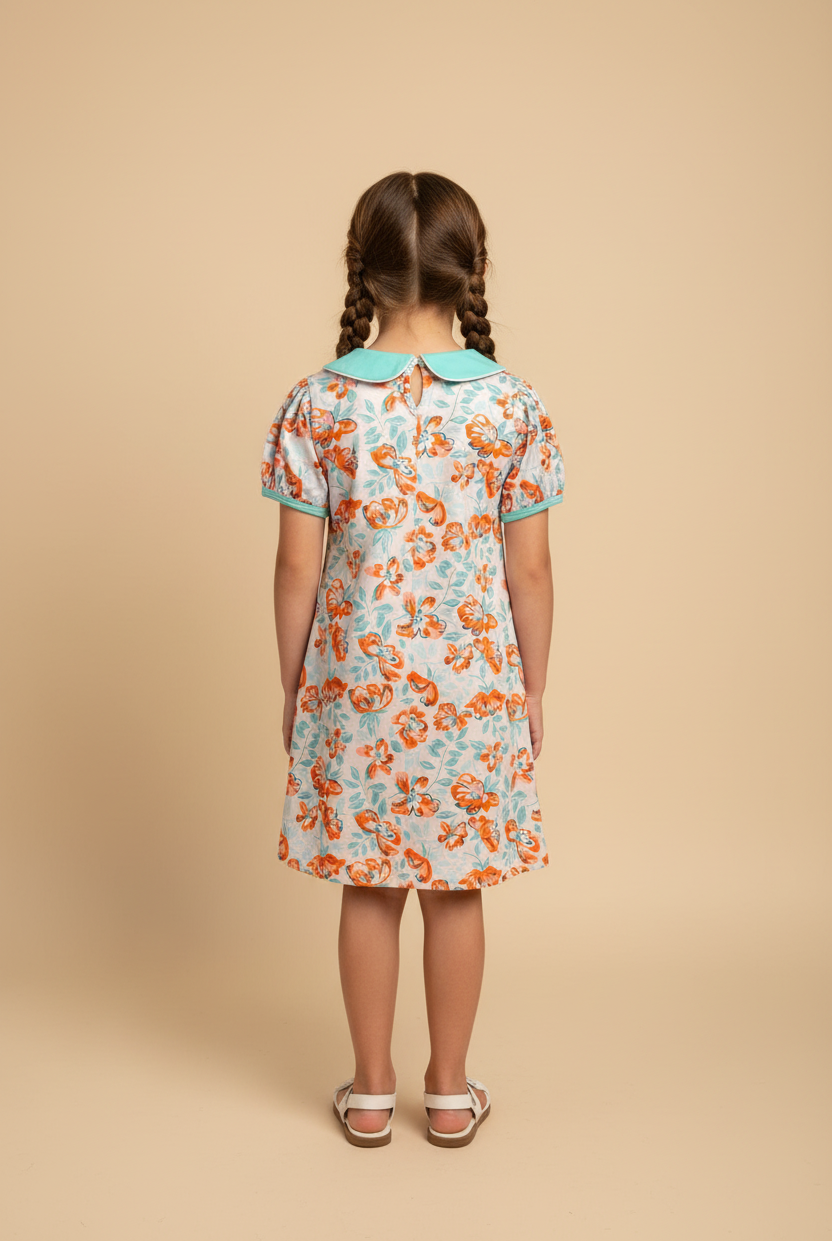 Back view of girl wearing Sweet Clementine Dress on beige background
