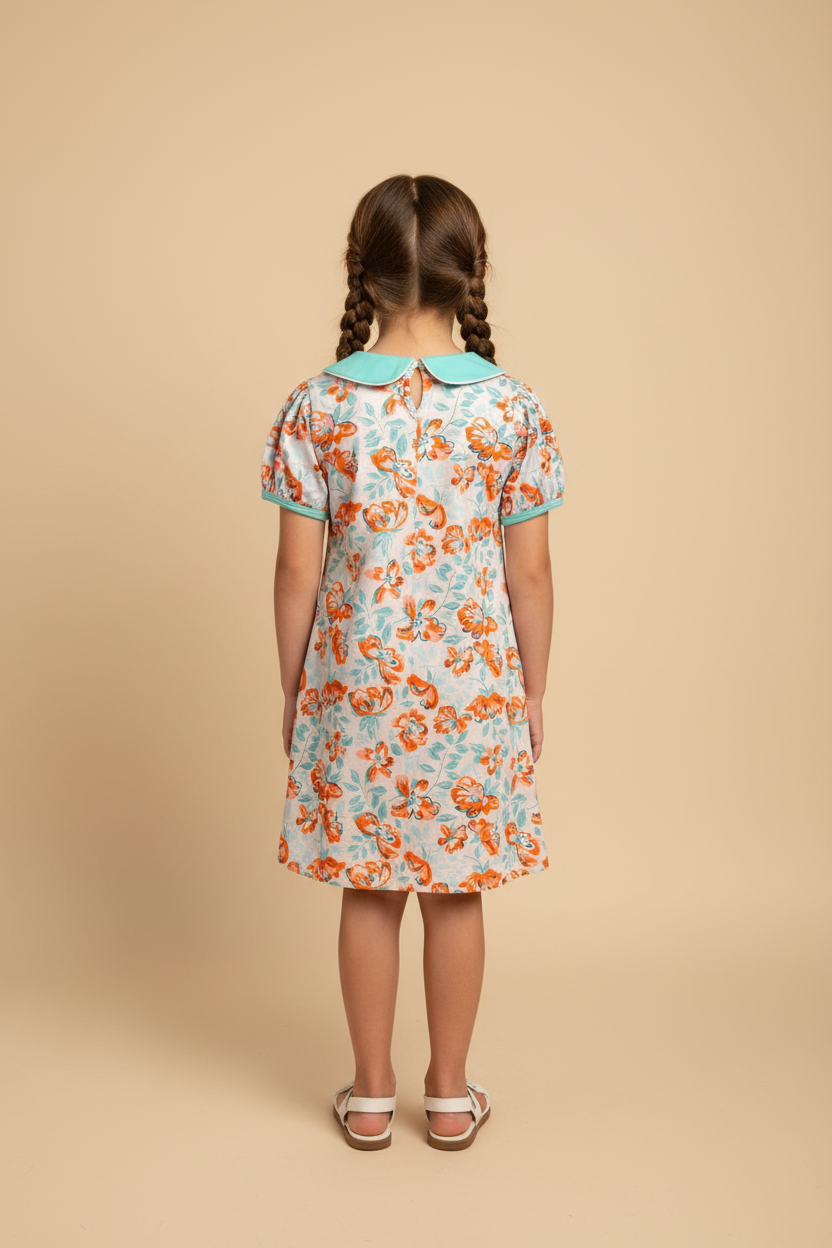 Back view of girl wearing Sweet Clementine Dress on beige background