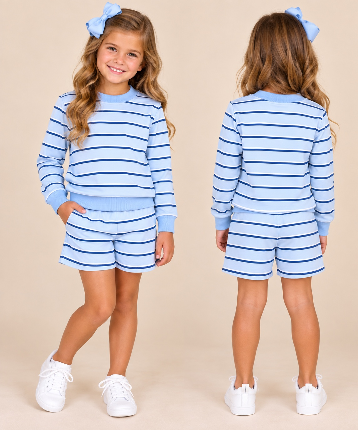 Girls blue and navy stripe sweatshirt short set, front and back view
