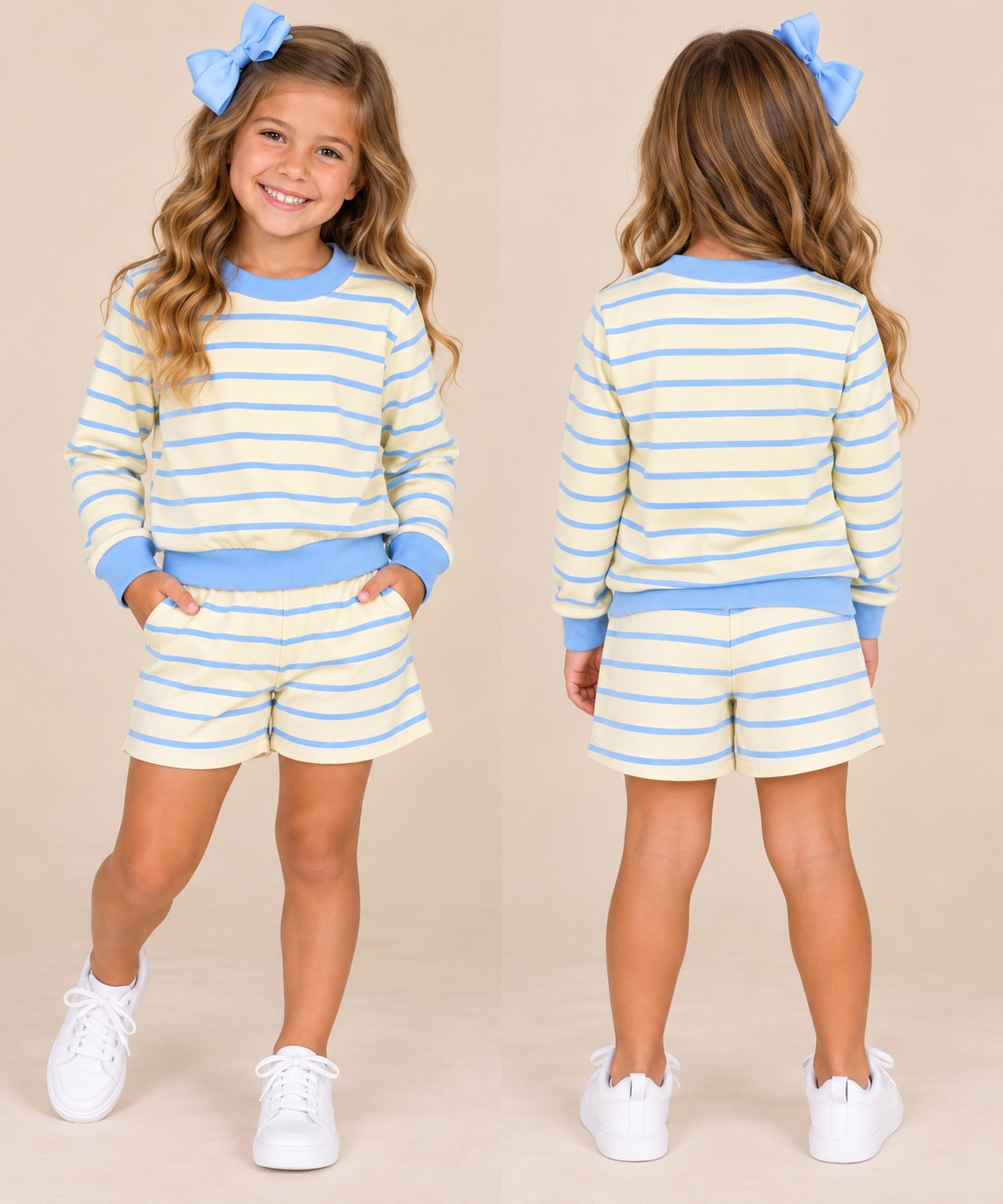 Girls yellow and blue stripe sweatshirt short set, front and back view