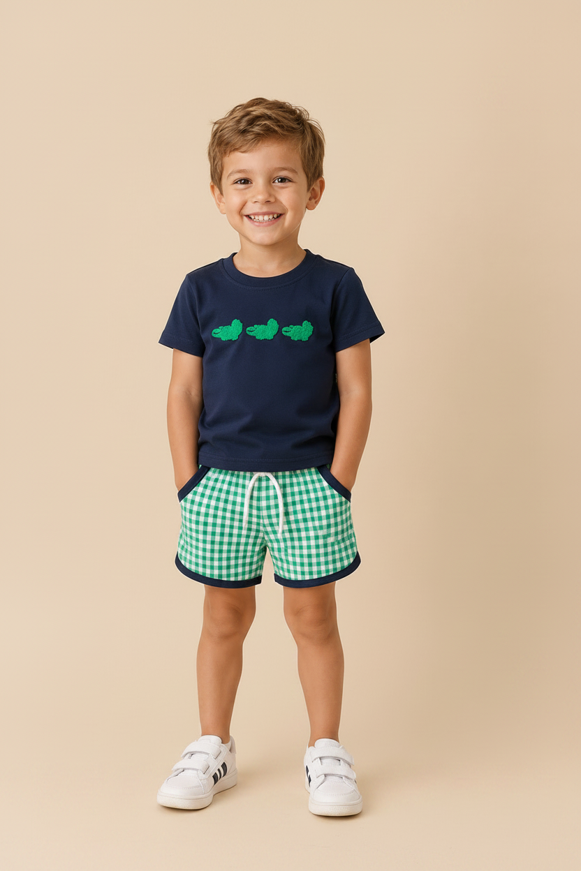 Gator Bites Boy Short Set - navy gator tee and green gingham shorts on toddler boy