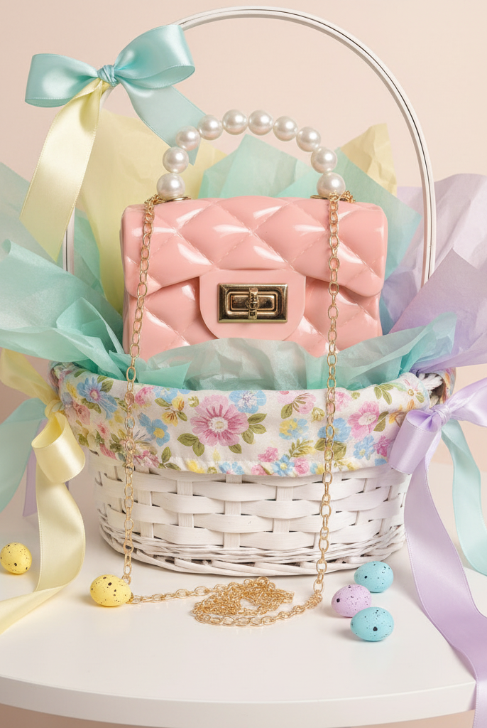 Pink purse in Easter basket gift presentation