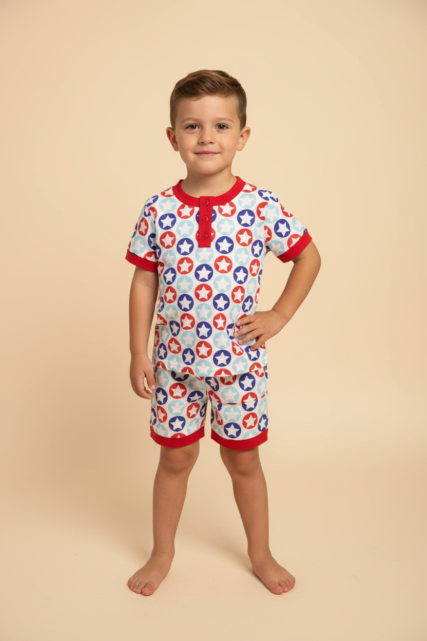 Boy wearing Stars Stripes and Snacks Lounge Set on beige background