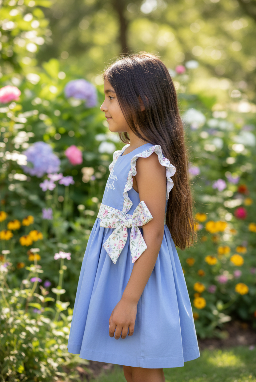 Side profile view of girl wearing Thank Heaven for Little Girls dress in garden