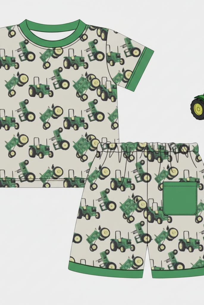 Boys Farm Tractor Lounge Set flat lay with toy tractor