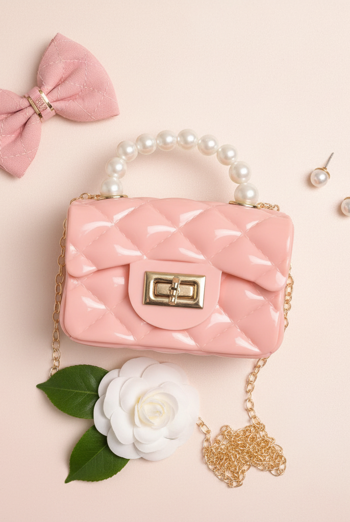 Pink purse styled with bow and florals flat lay