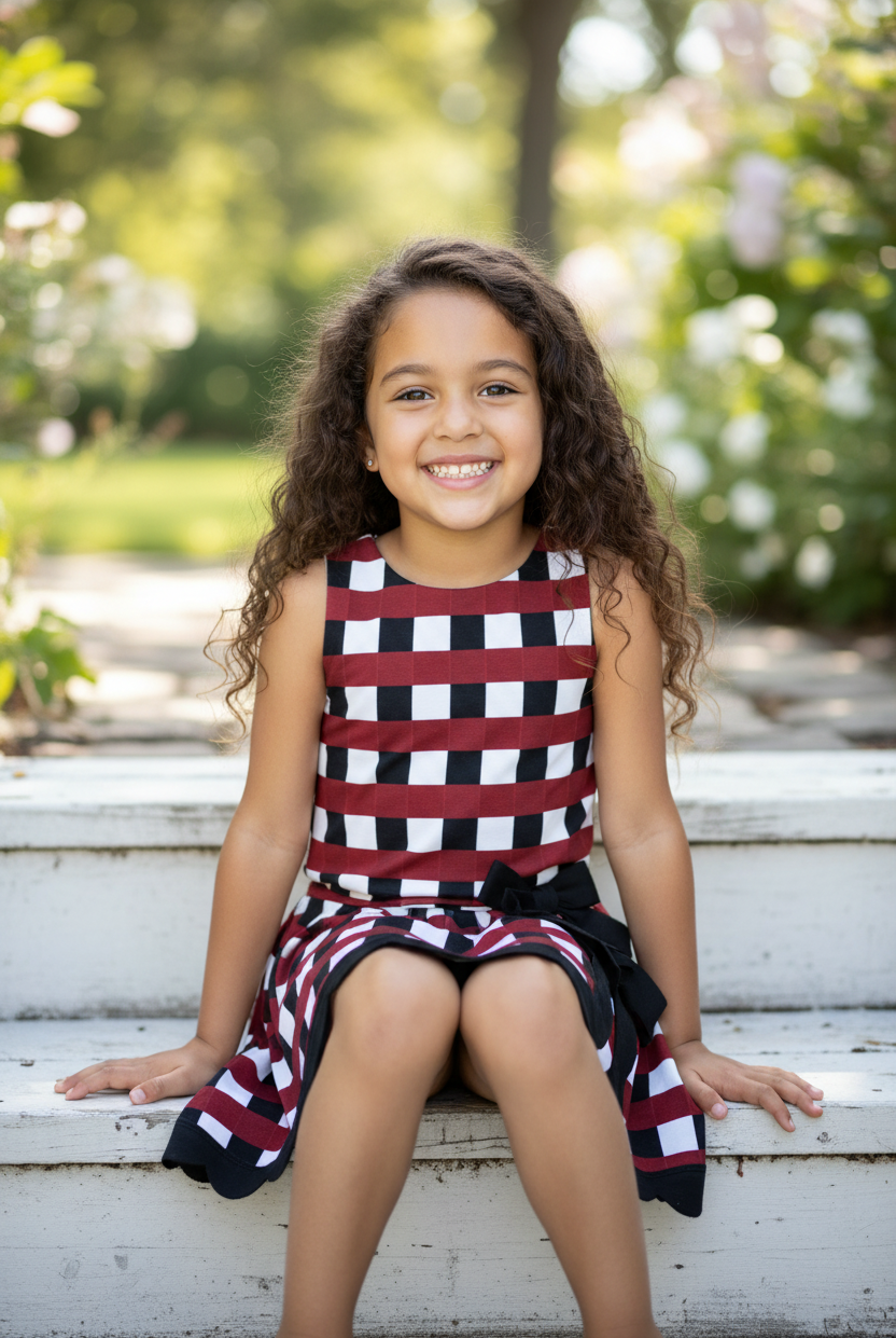 Girl sitting on steps wearing Feelin' Cocky buffalo check skort