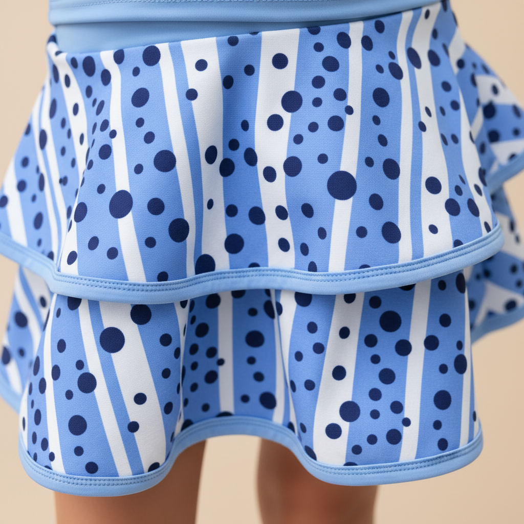 Close-up of tiered ruffle skirt in blue and white polka dot stripe with navy trim