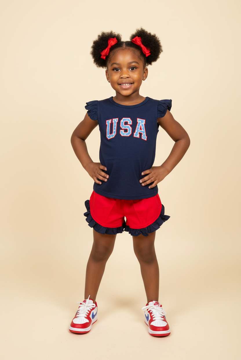 Girl wearing Miss America Short Set with Nike sneakers on beige background
