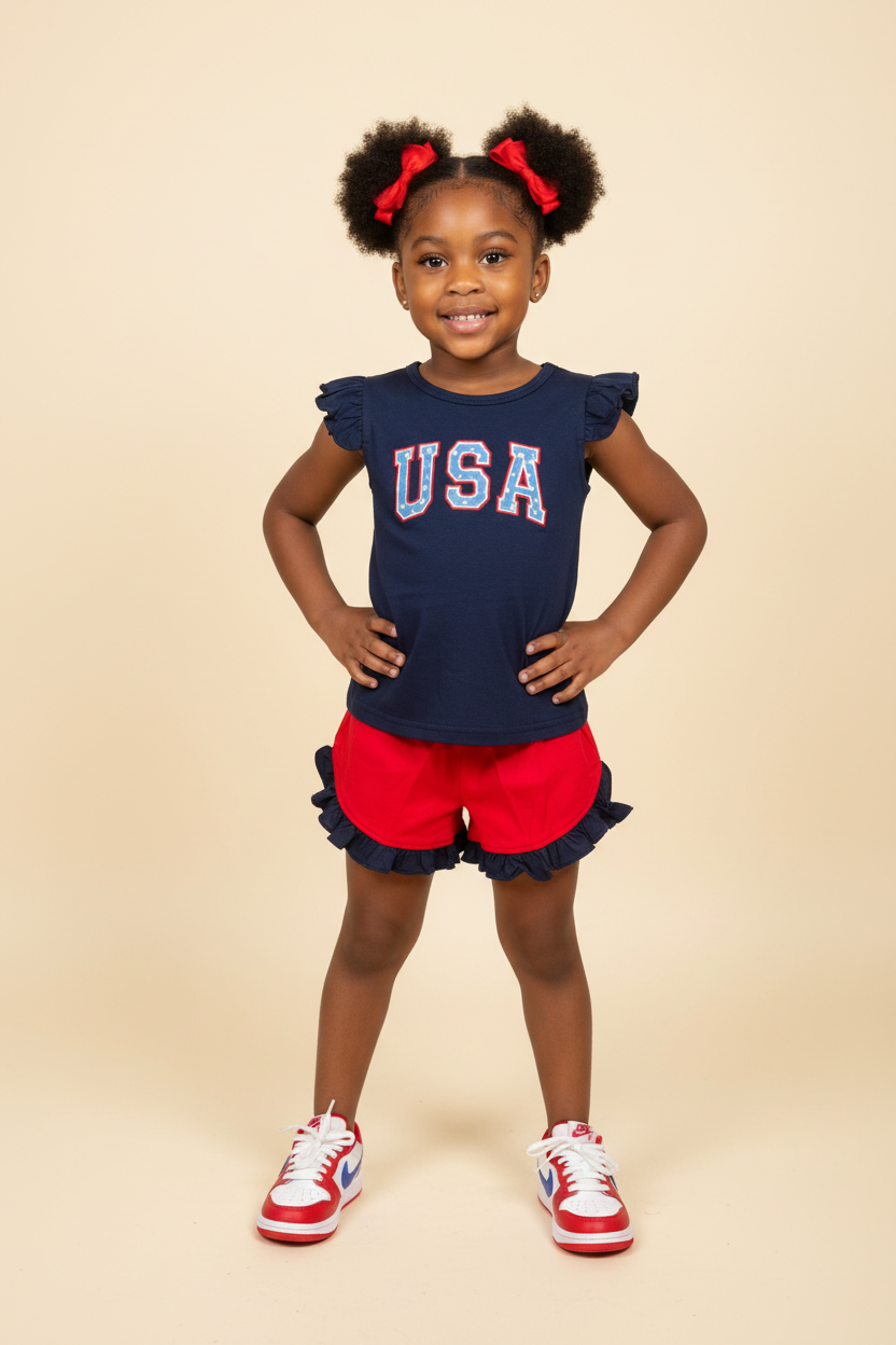 Girl wearing Miss America Short Set with Nike sneakers on beige background
