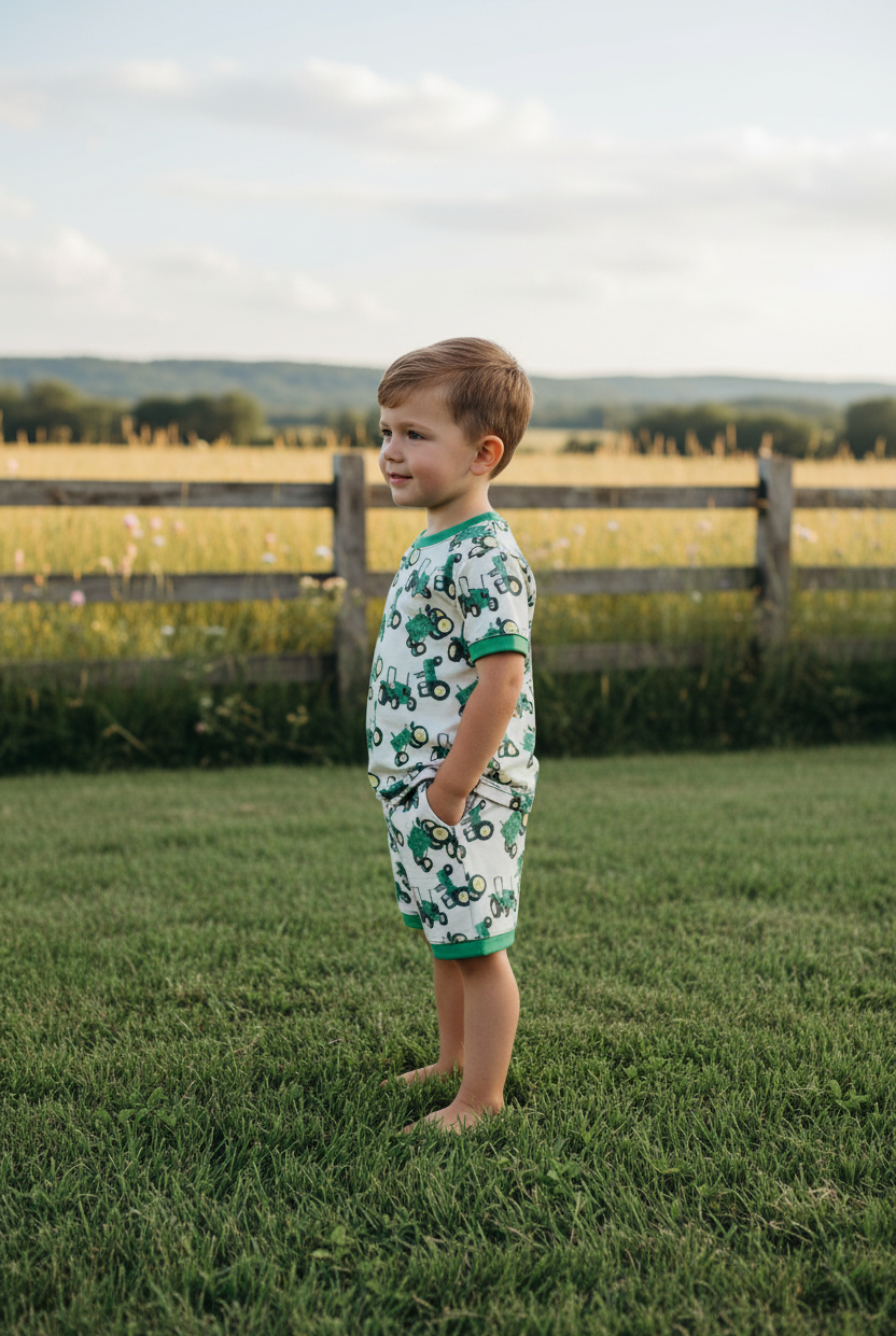 Side profile view of boy wearing farm tractor lounge set outdoors