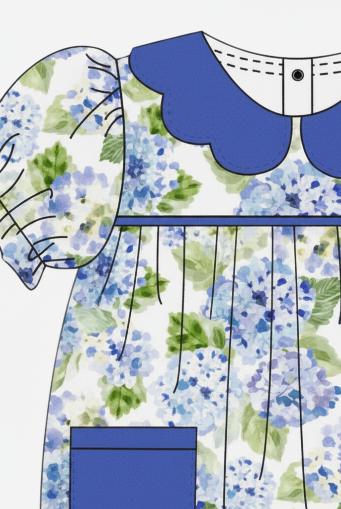 Close-up of Peter Pan collar and patch pocket detail on bubble romper