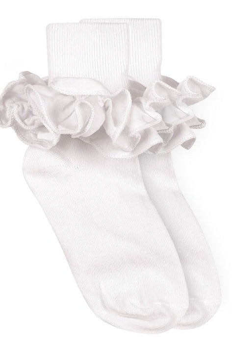 White sock with ruffled top on a white background
