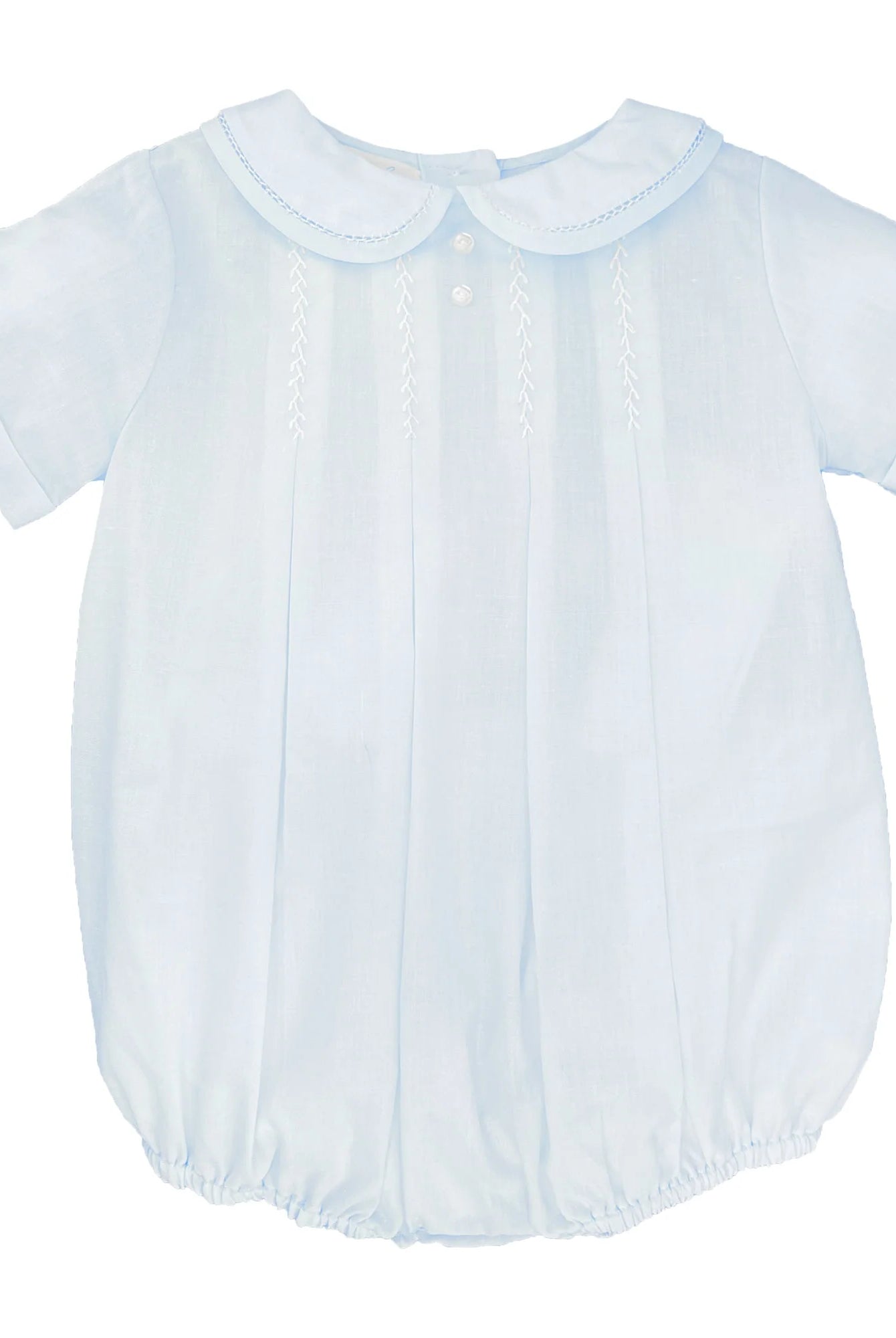 Light blue baby romper with a collar on a white background