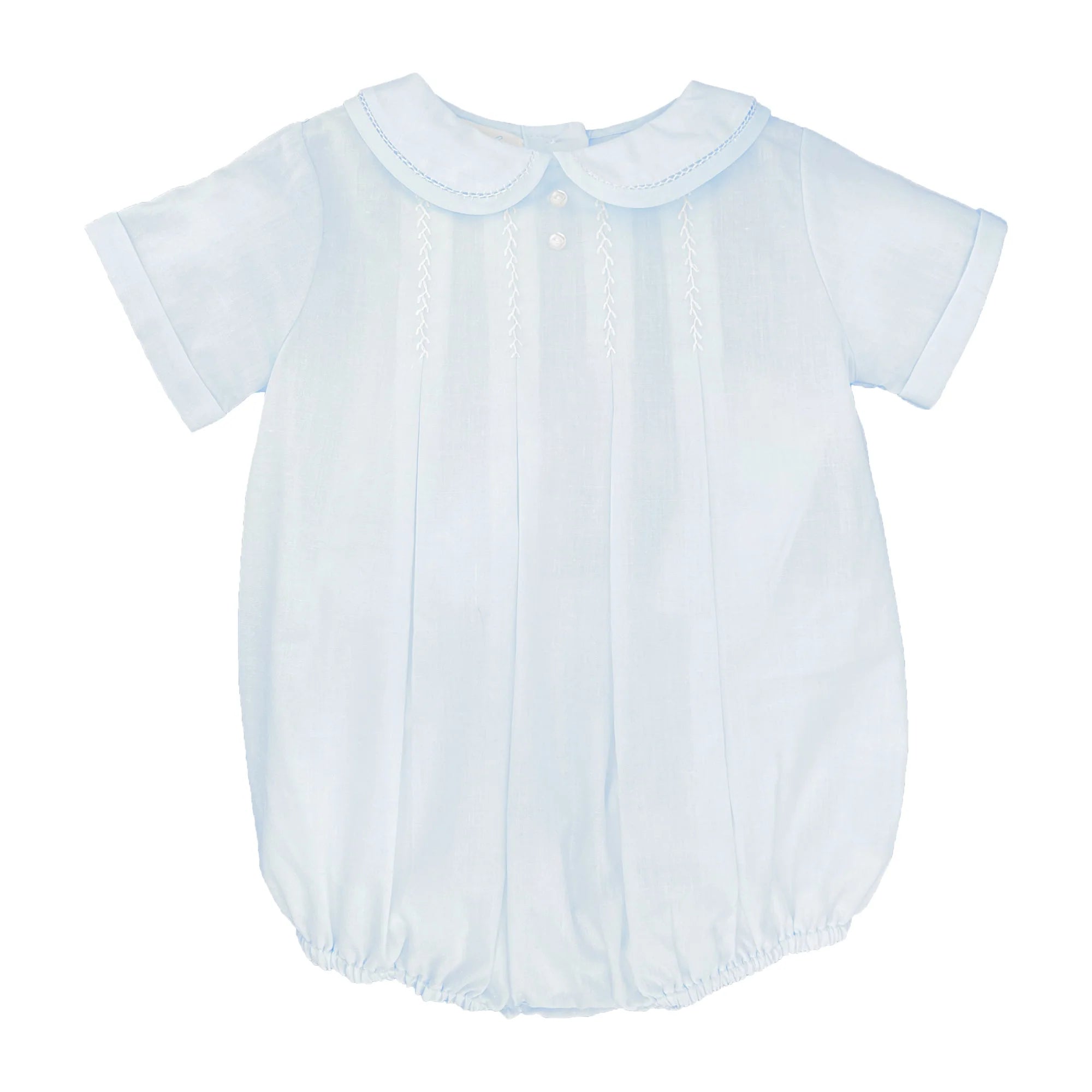 Light blue baby romper with a collar on a white background