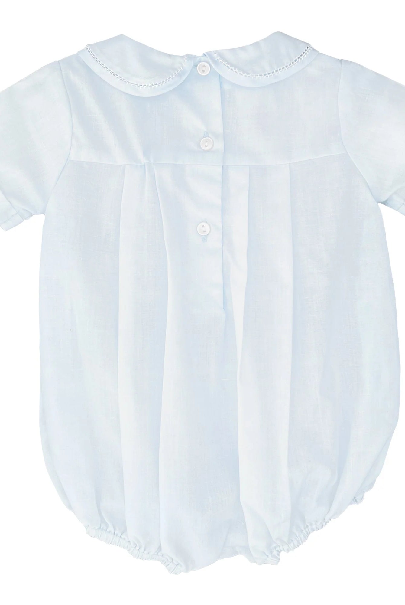 Light blue baby romper with short sleeves on a white background