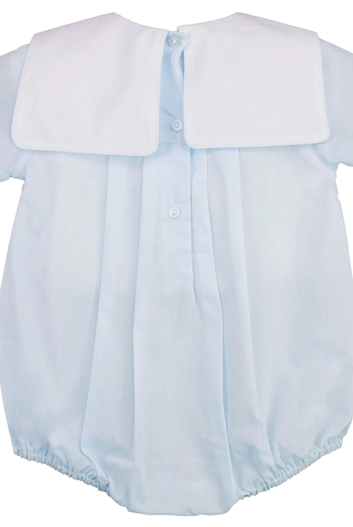 Light blue baby romper with white collar on a white background